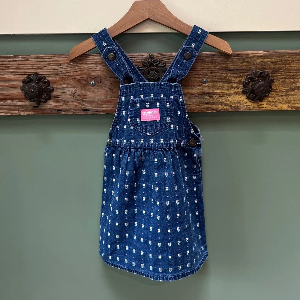 Vintage OshKosh Bgosh Girls Blue Denim Floral Embroidered Overall Dress Size 5